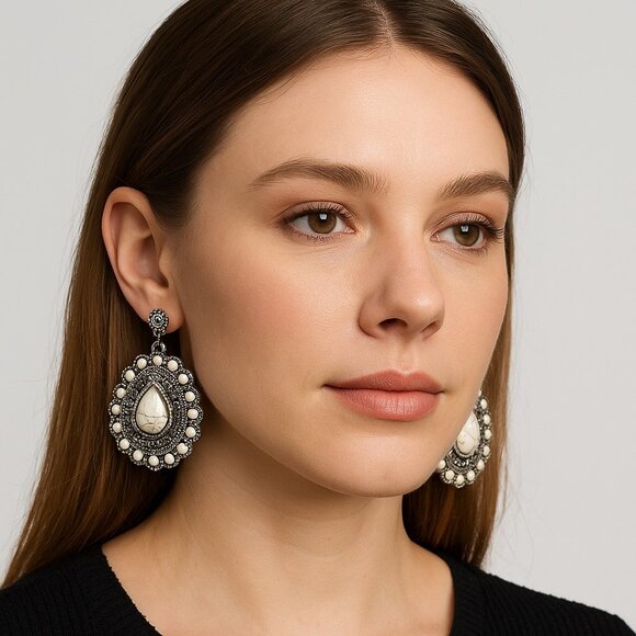 Western Faux Howlite Beaded Burnished Silvertone Teardrop Post Earrings NEW - Picture 1 of 6